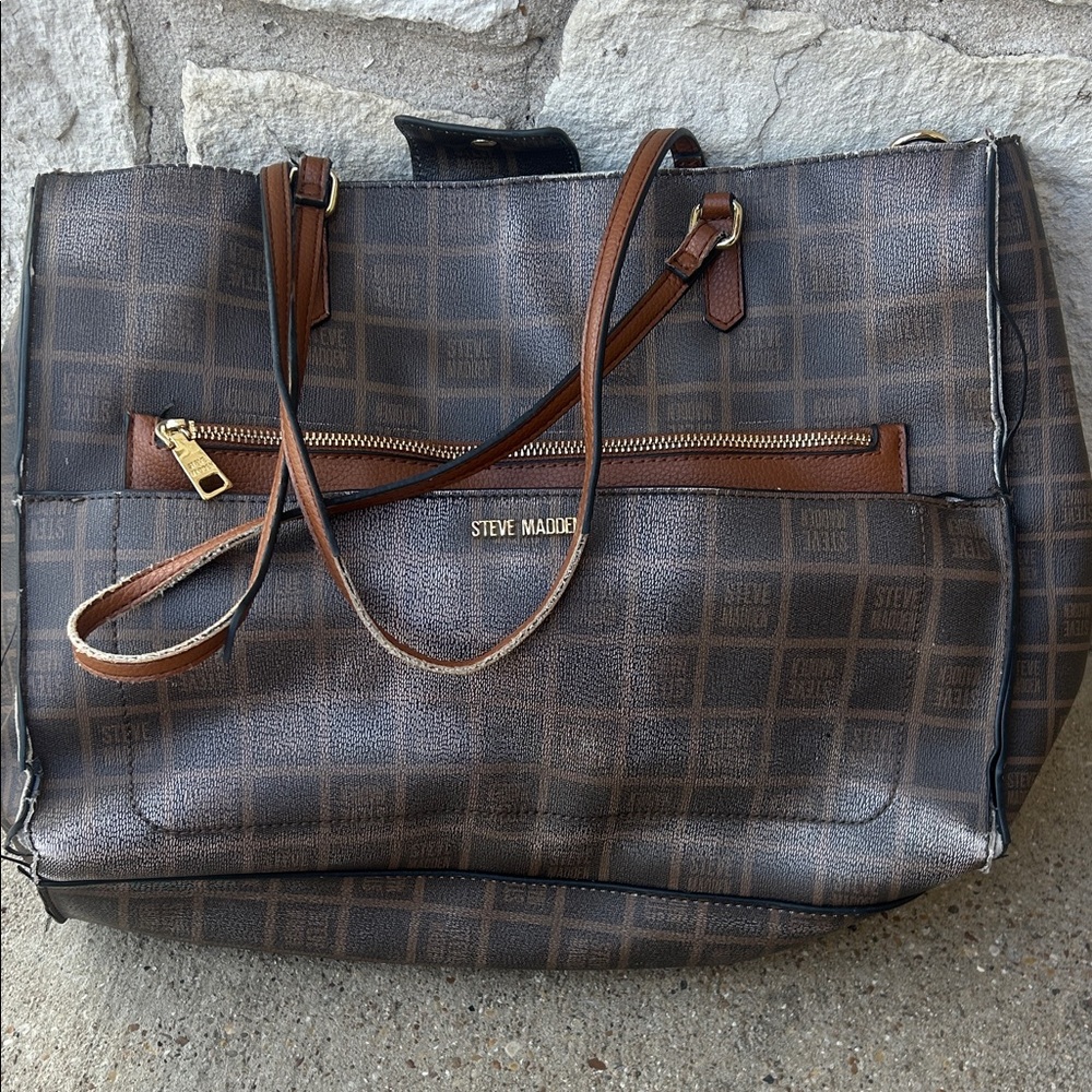 Steve Madden Brown Checked Logo Tote with Gold Accents